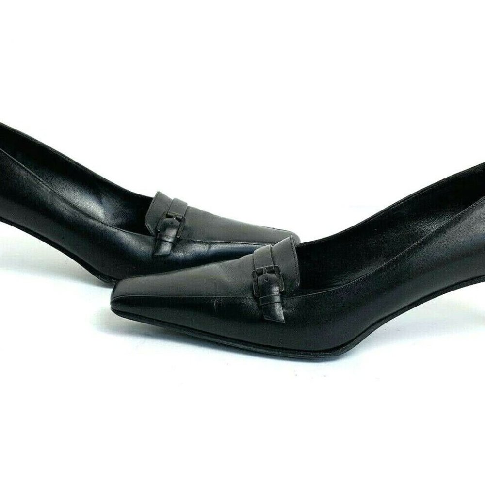 Gucci Black Leather Square Toe Buckle Pumps 37C 7